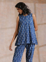 Thumbnail for trueBrowns Indigo Dabu Zig-Zag Motifs Print Cotton Sleeveless Co-Ord Set - Distacart