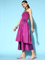 Thumbnail for InWeave Purple Off Shoulder Silk Kurta Set -Mauve Hand Painted Dupatta - Distacart