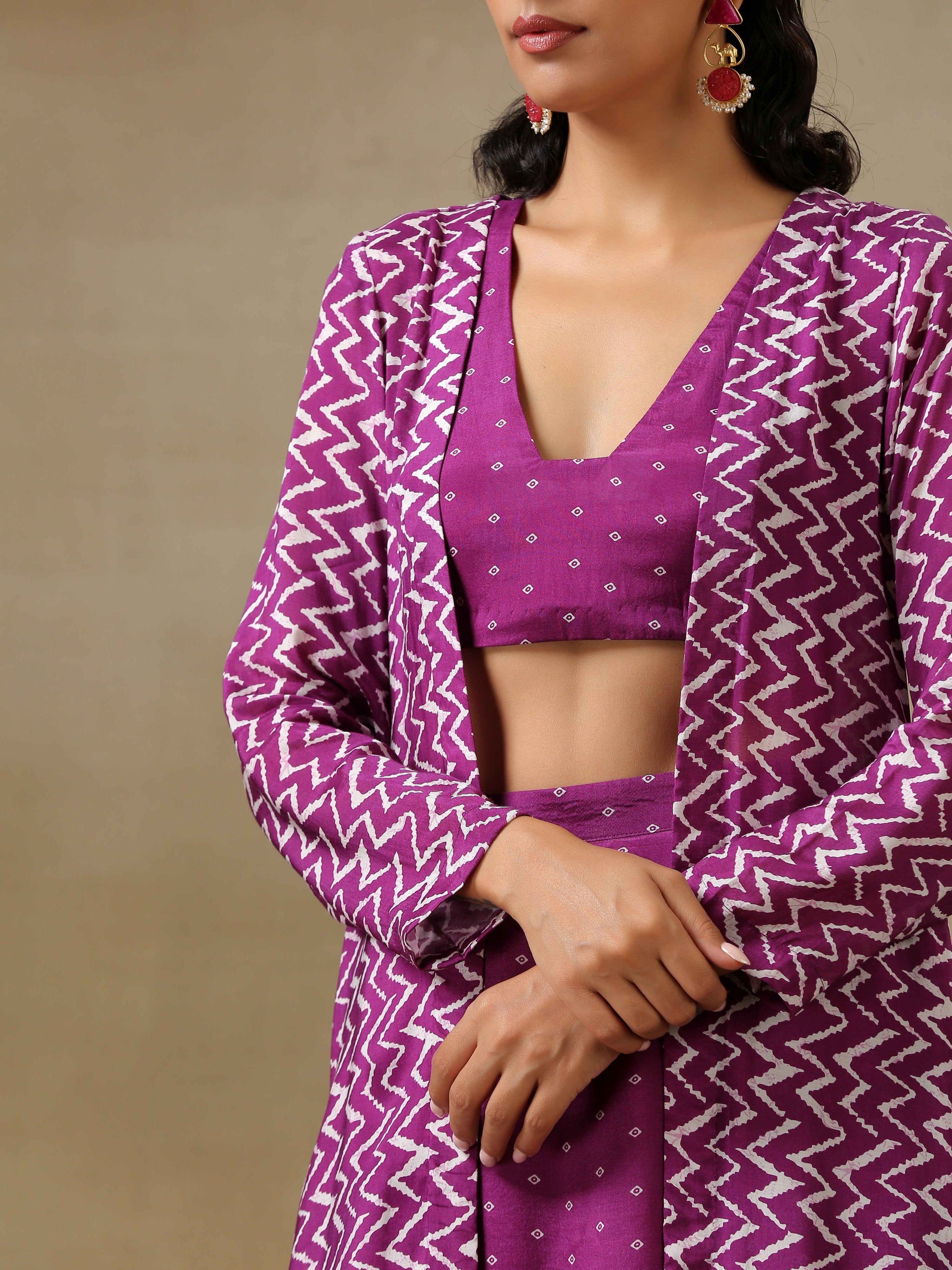 trueBrowns Purple Bandhani Printed Silk Top Skirt Jacket Set - Distacart