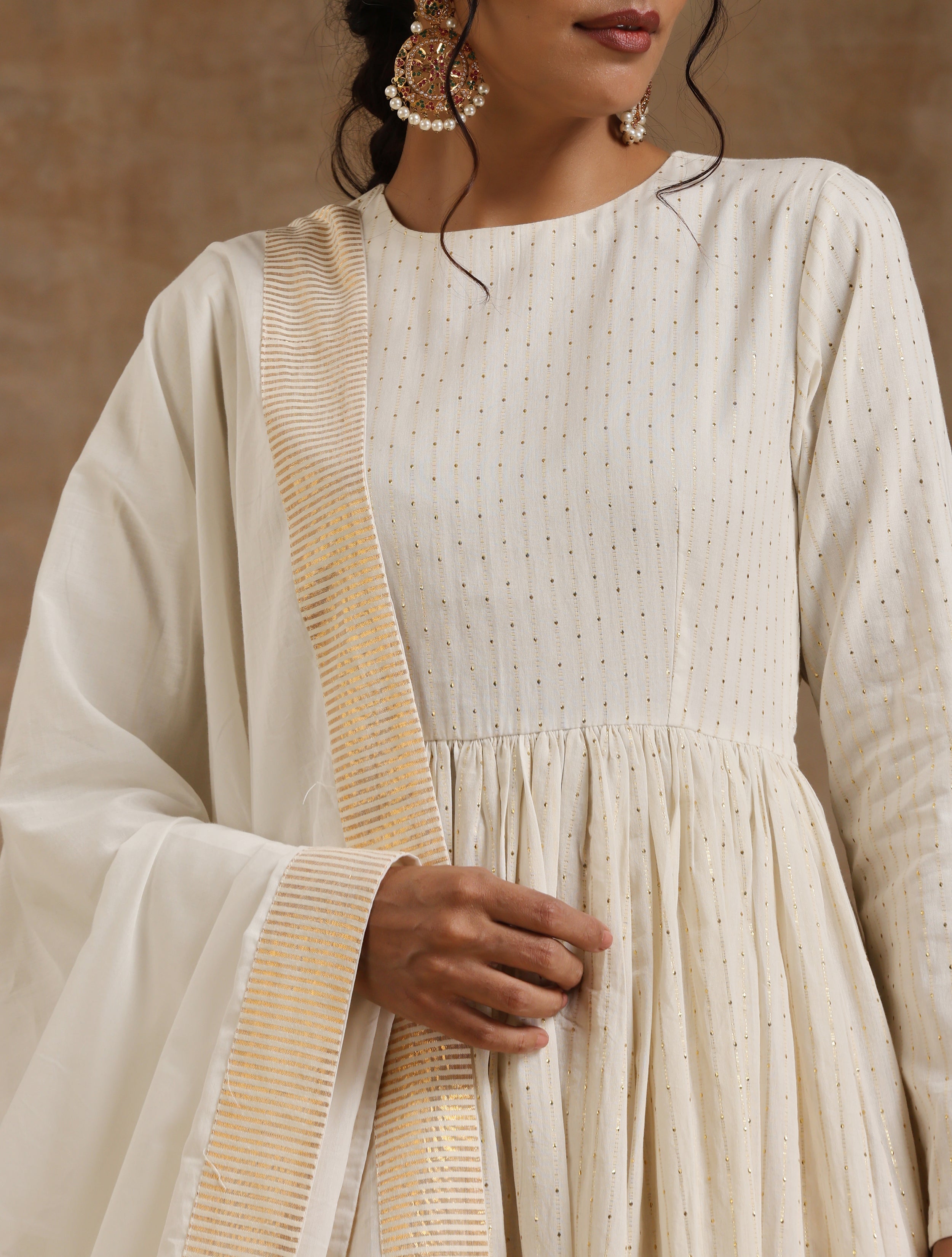 trueBrowns Ivory Gold Cotton Anarkali Set - Distacart