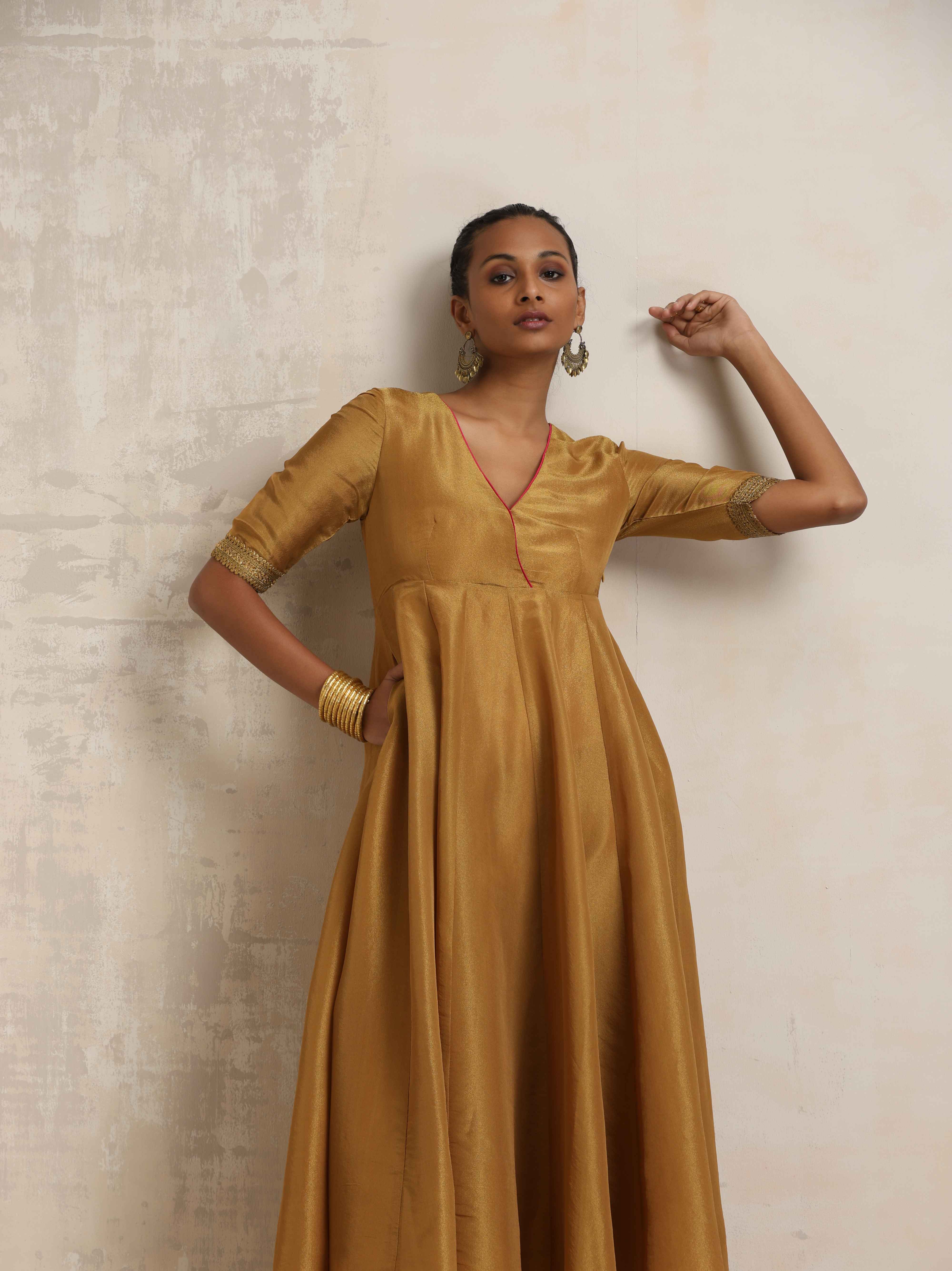 trueBrowns Gold Tissue Flared Anarkali Kurta Set - Distacart