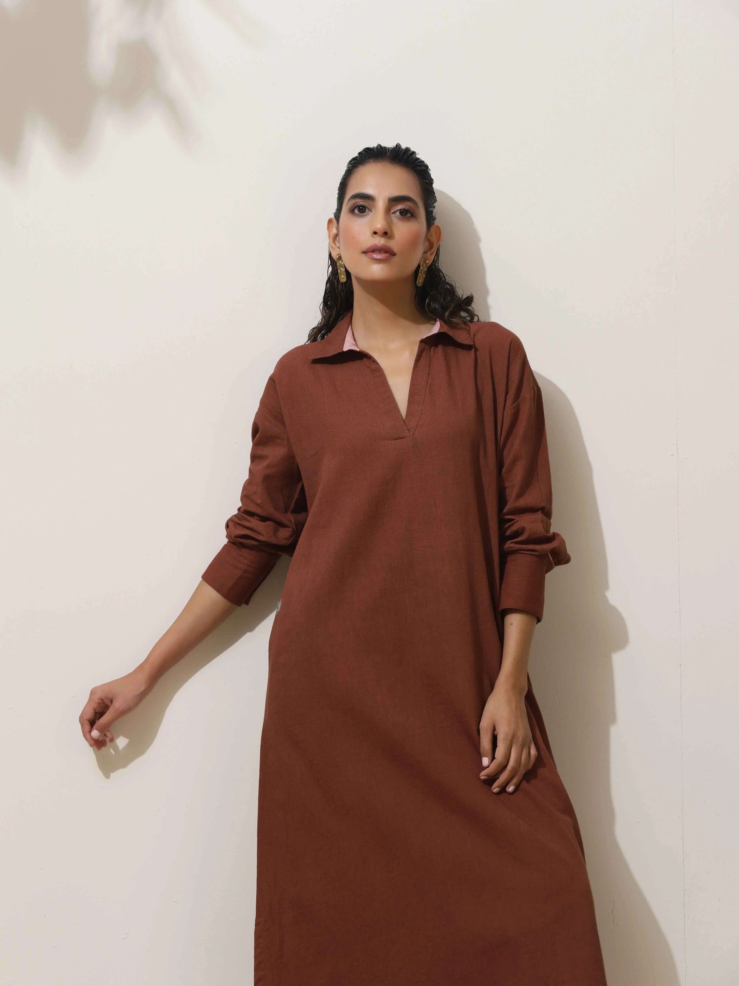 trueBrowns Brown Cotton Linen Kurta Pant Set - Distacart