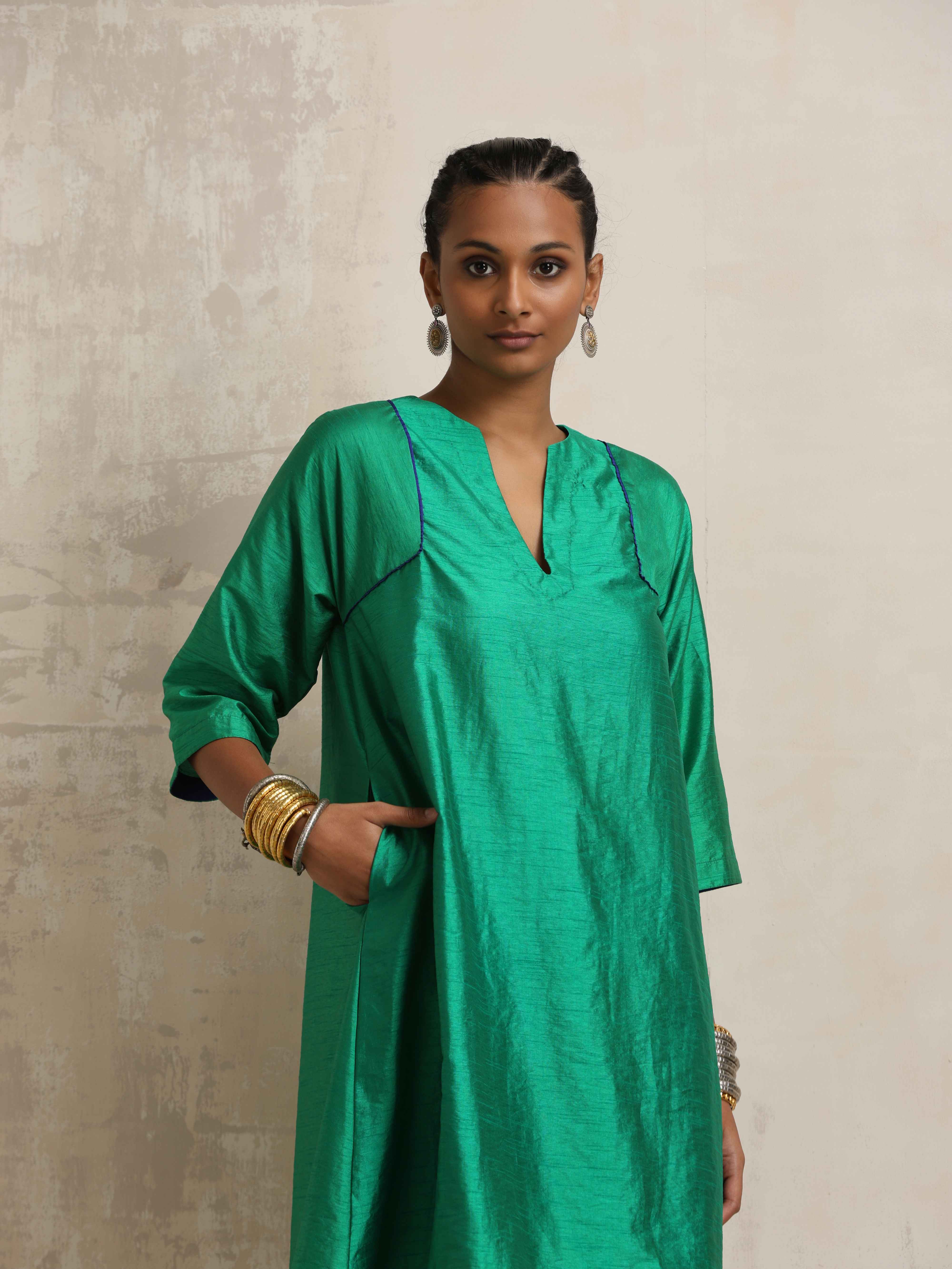 trueBrowns Bright Green Silk Kurta Co-ord Set - Distacart