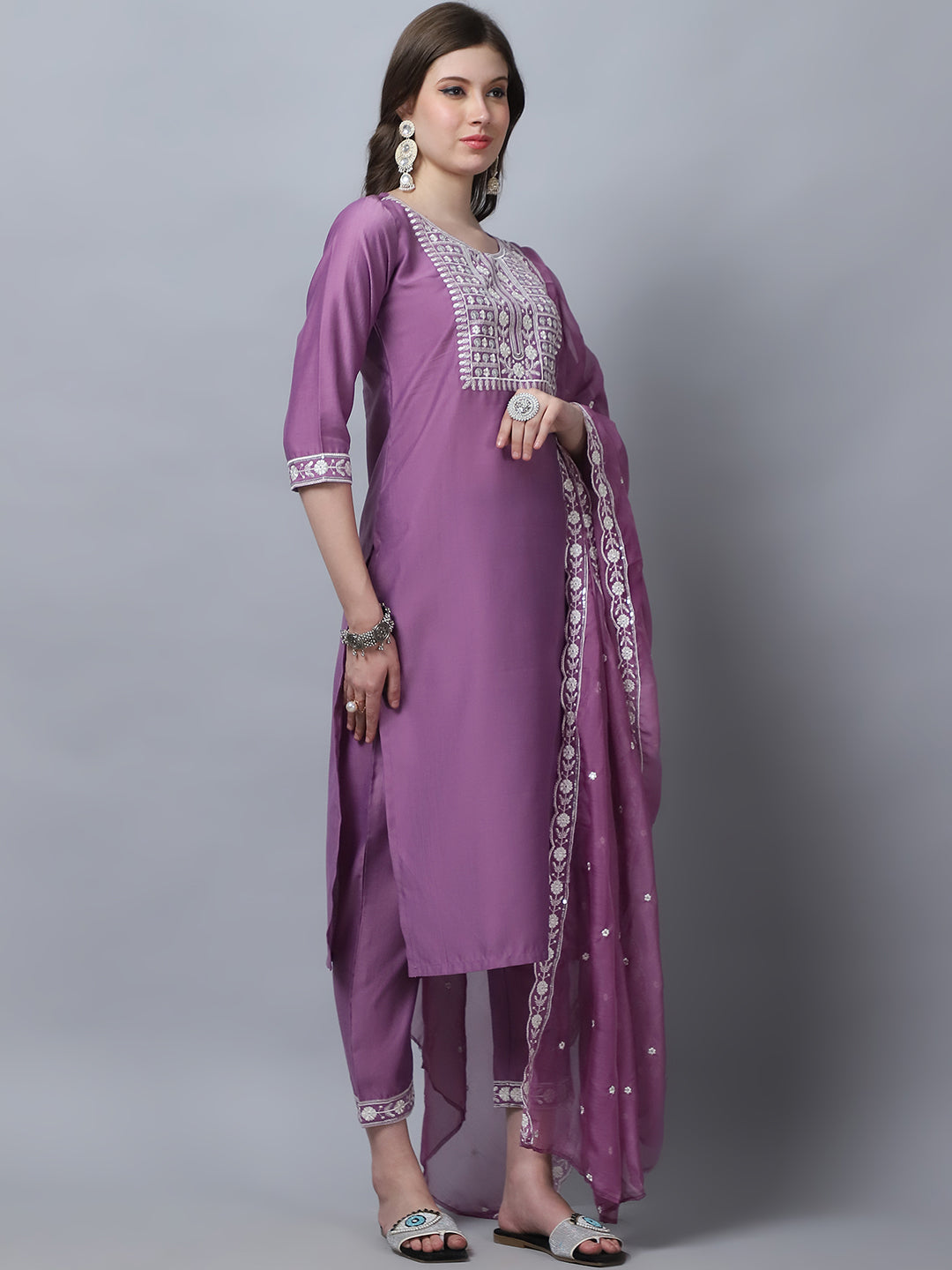 Indian Fashion Women Pink Embroidery silk Kurta, Pant And Dupatta Set
