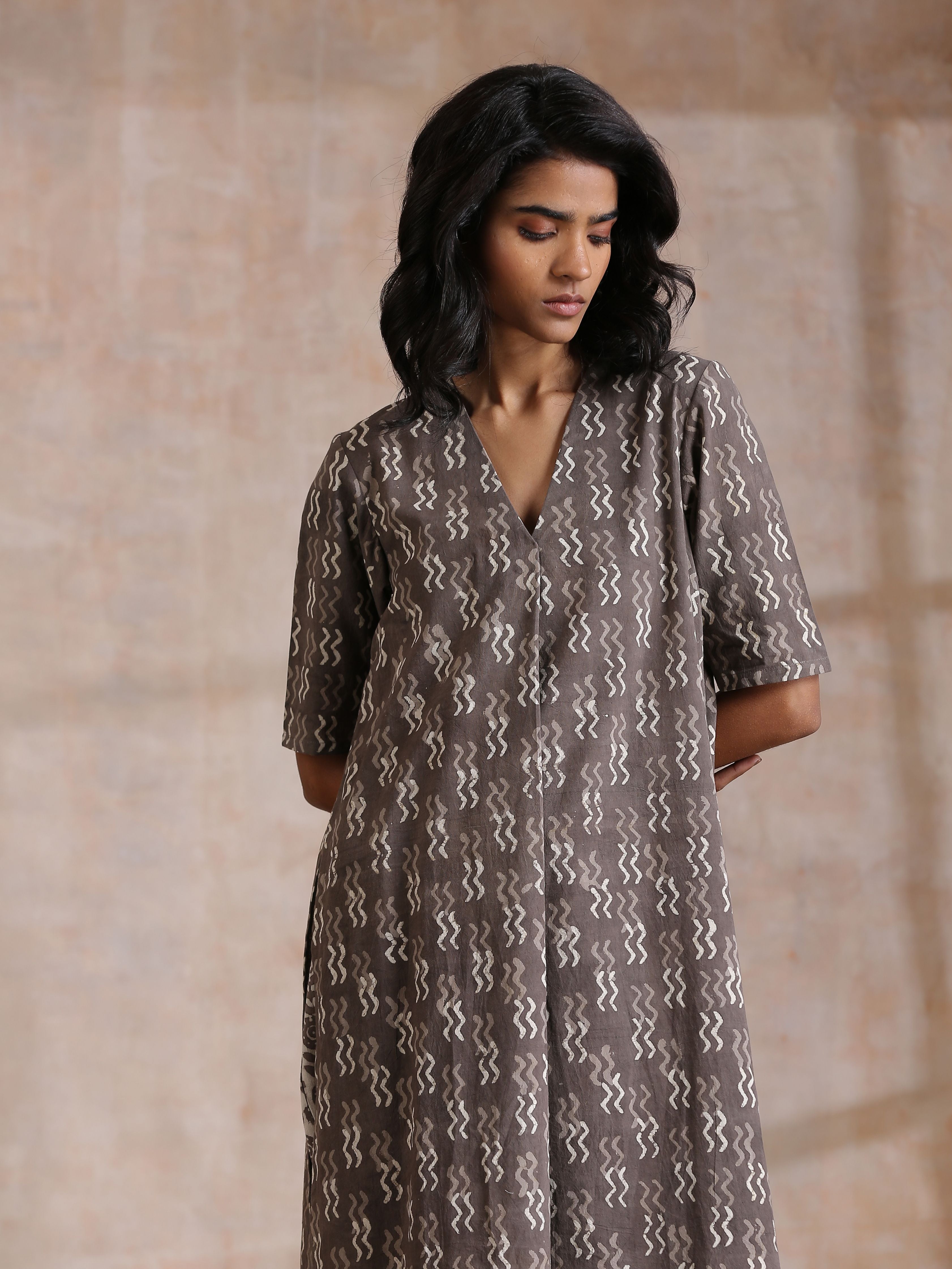 trueBrowns Clay Dabu Zig-Zag Motifs Print Cotton Kurta Pant Set - Distacart