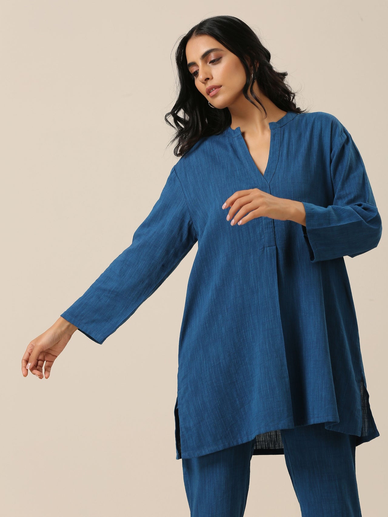 trueBrowns Classic Blue Slub Texture Relax Fit Co-Ord Set - Distacart