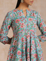 Thumbnail for trueBrowns Turkish Blue Overall Floral Block Print Cotton Flared Kurta Pant Set - Distacart