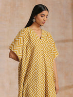 Thumbnail for trueBrowns Mustard Dabu Zig-Zag Lines Print Cotton Panel Kaftan Kurta Pant Set - Distacart