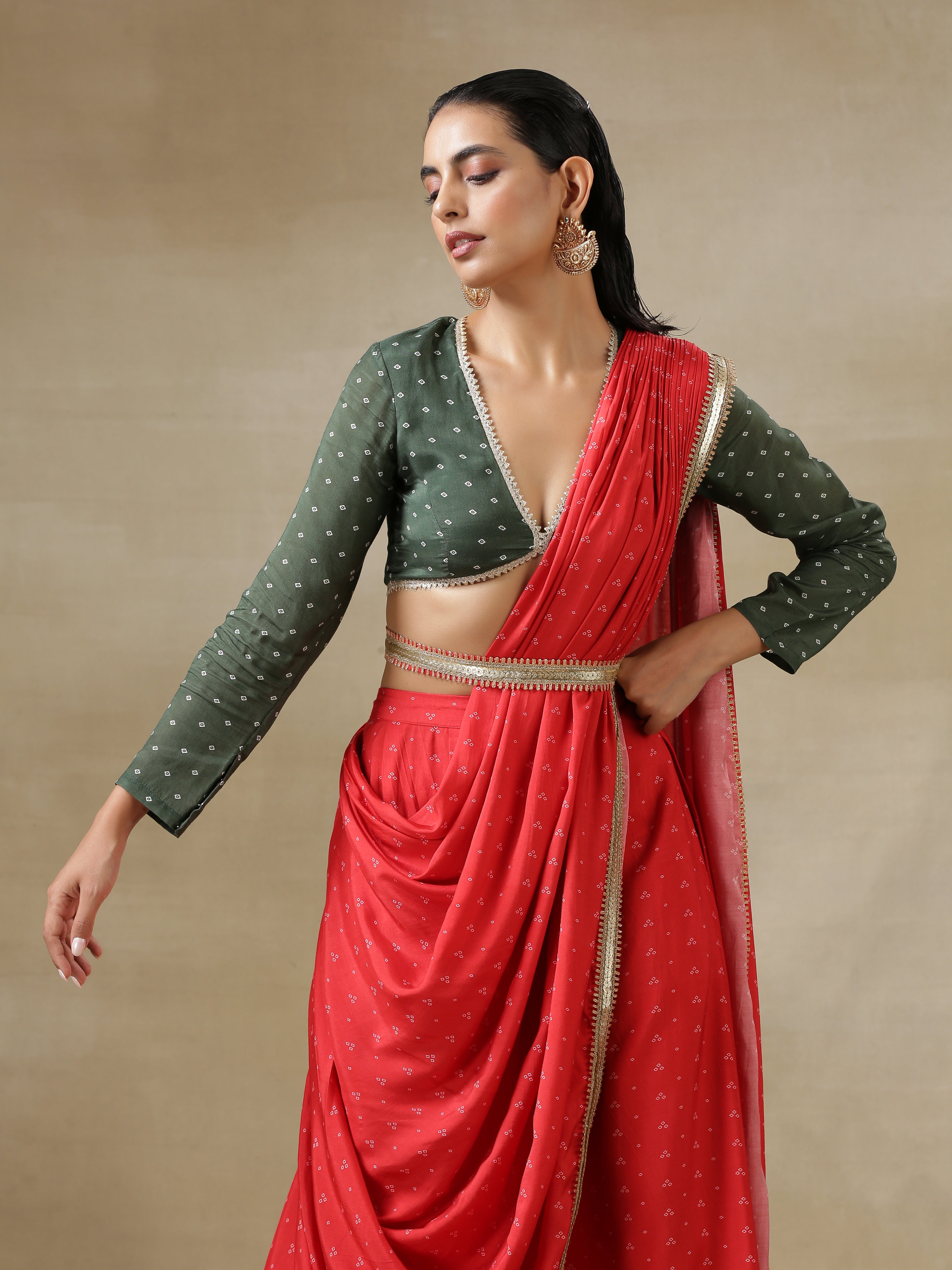 trueBrowns Red Bandhani Printed Silk Skirt Stitched Saree with Belt - Distacart