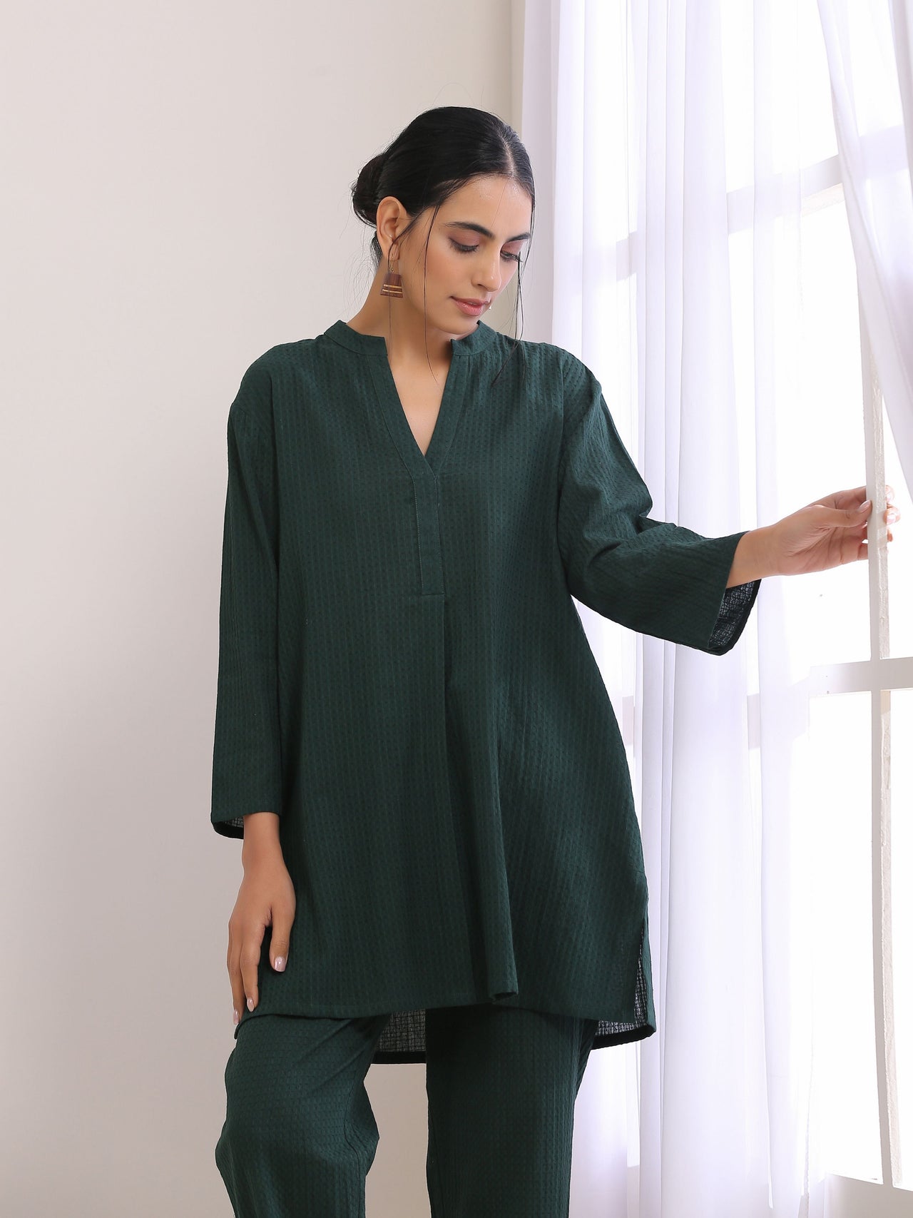 trueBrowns Dark Green Dobby Relaxed Fit Co-Ord Set - Distacart