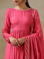 Thumbnail for trueBrowns Pink Bandhani Printed Silk Anarkali Kurta Pant Dupatta Set - Distacart