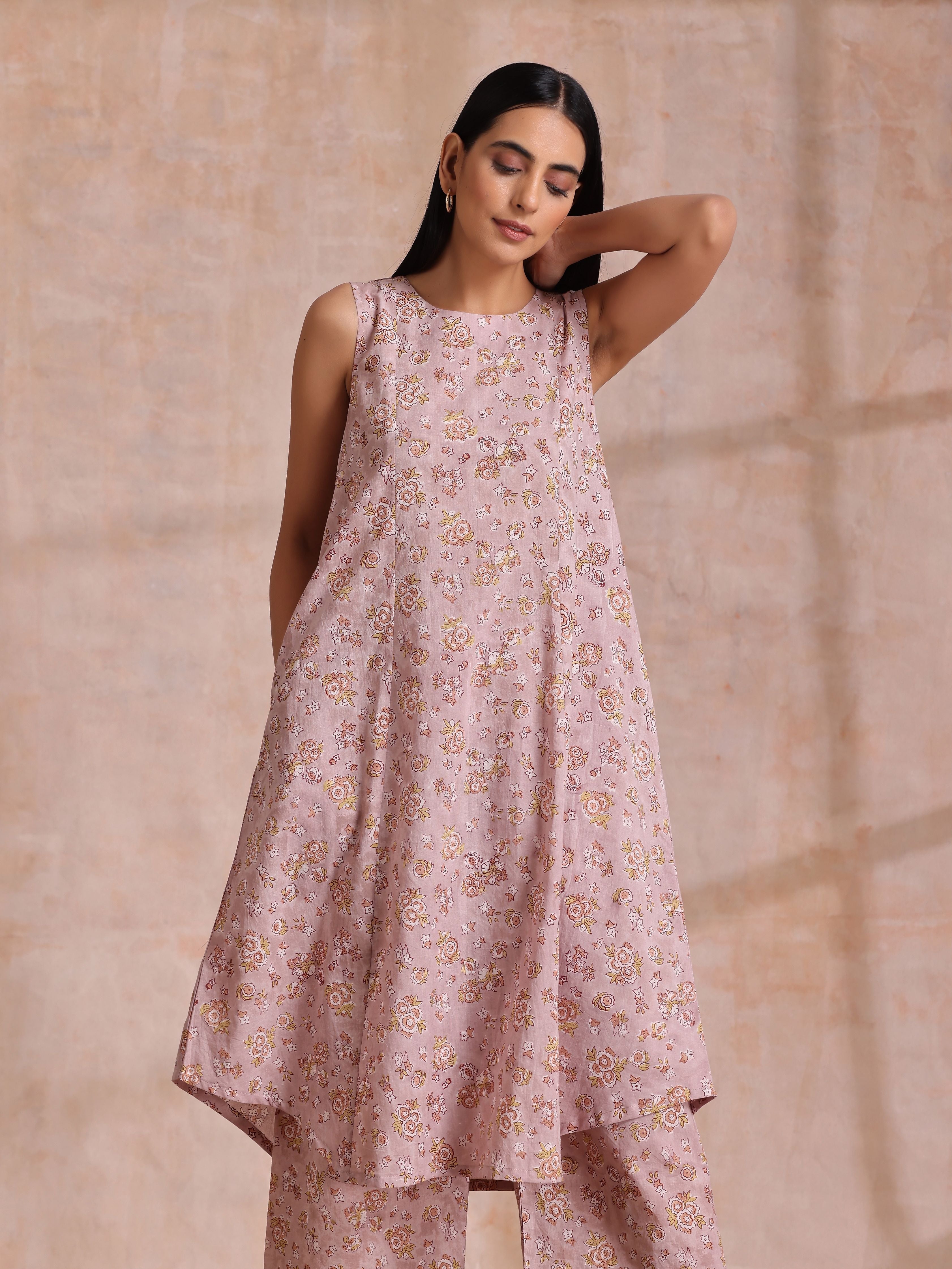 trueBrowns Grey Overall Floral Block Print Cotton High-Low Co-Ord Set - Distacart