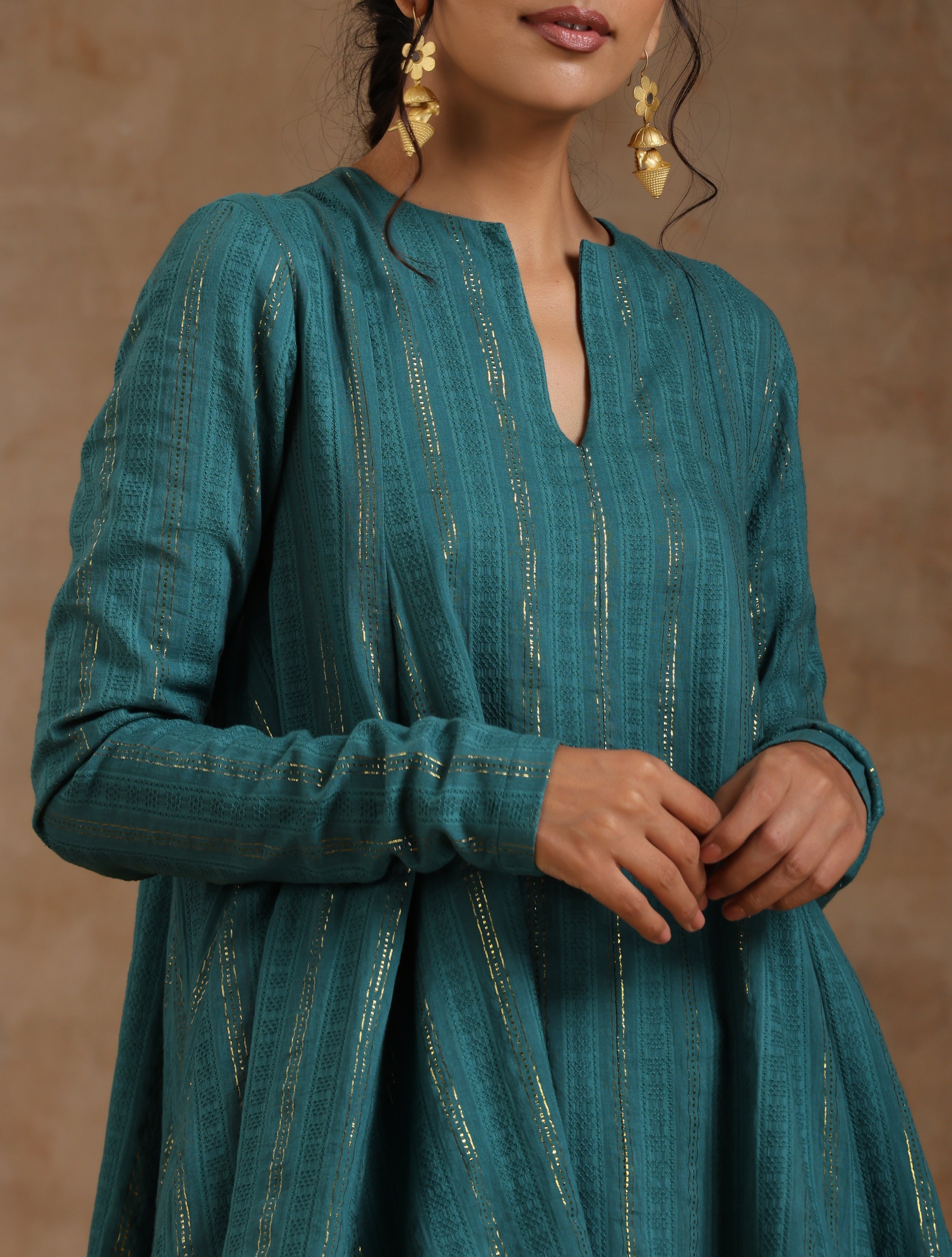 trueBrowns Deep Sea Gold Cotton Flared Co-Ord Set - Distacart