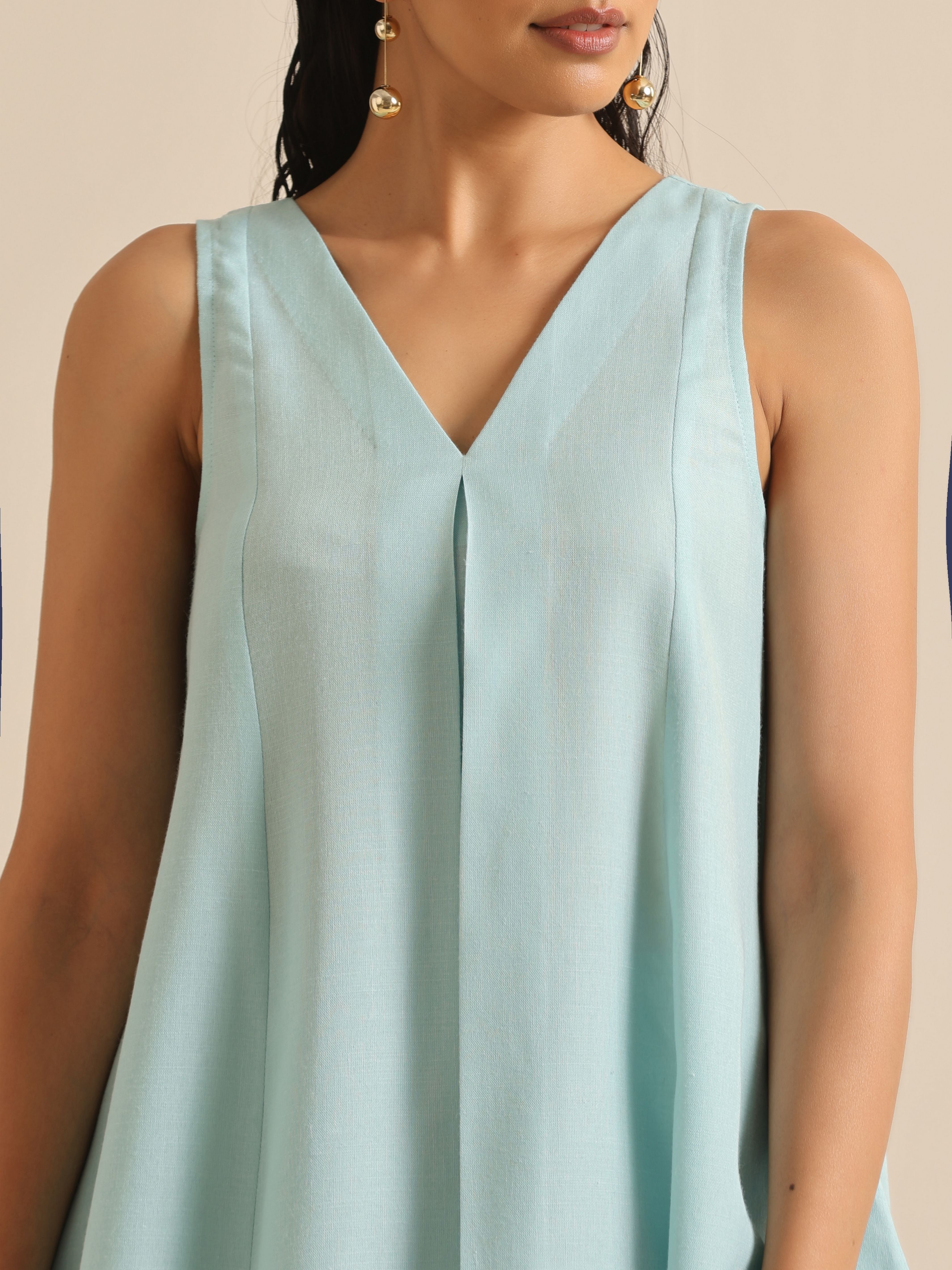 trueBrowns Sky Blue Slub Sleeveless Flared Kurta Pant Set - Distacart