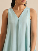 Thumbnail for trueBrowns Sky Blue Slub Sleeveless Flared Kurta Pant Set - Distacart