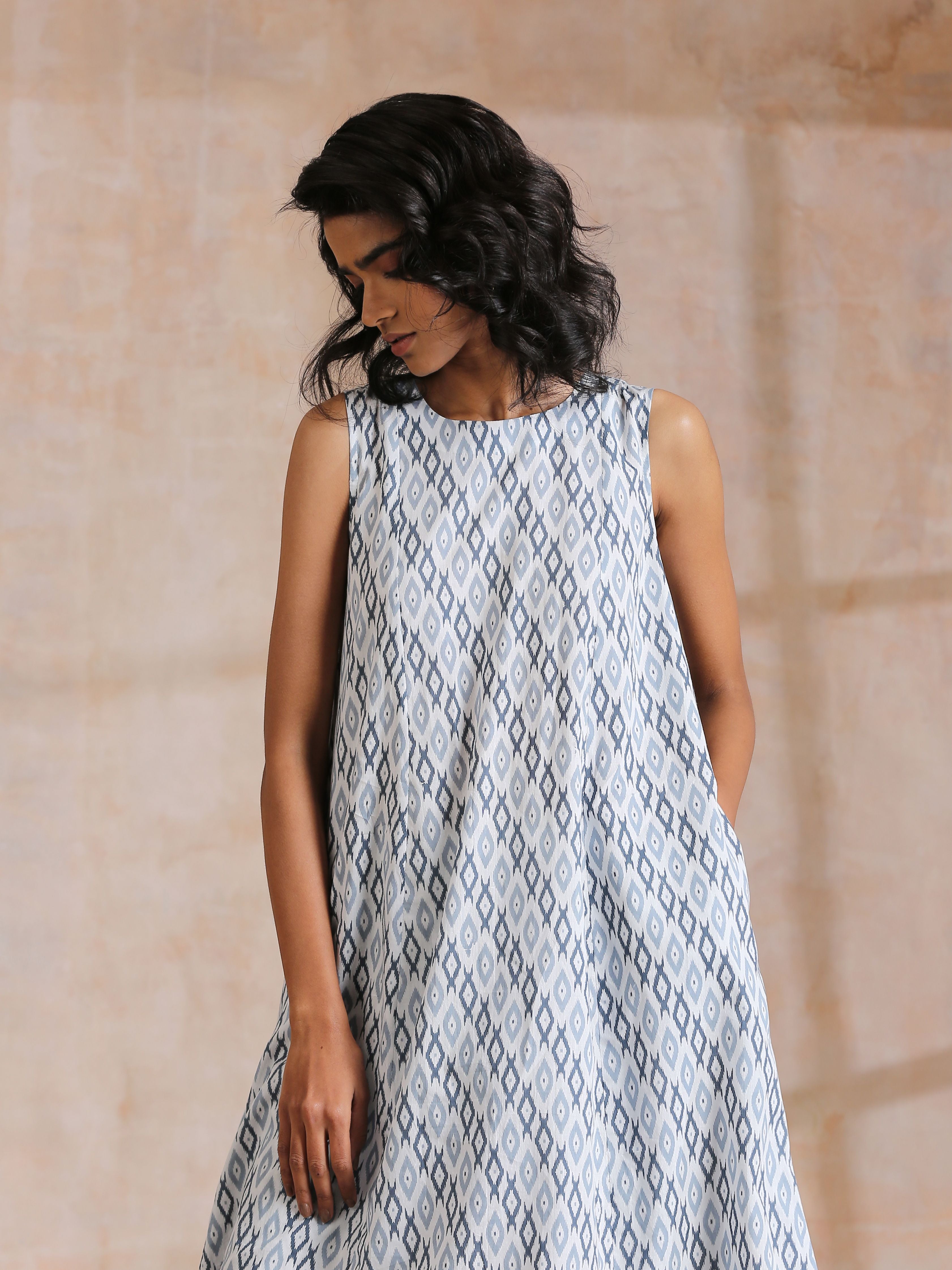 trueBrowns Multi Grey On Grey Ikat Print Cotton High-Low Co-Ord Set - Distacart