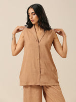 Thumbnail for trueBrowns Beige Slub Texture Sleevesless Jacket Pant Set - Distacart