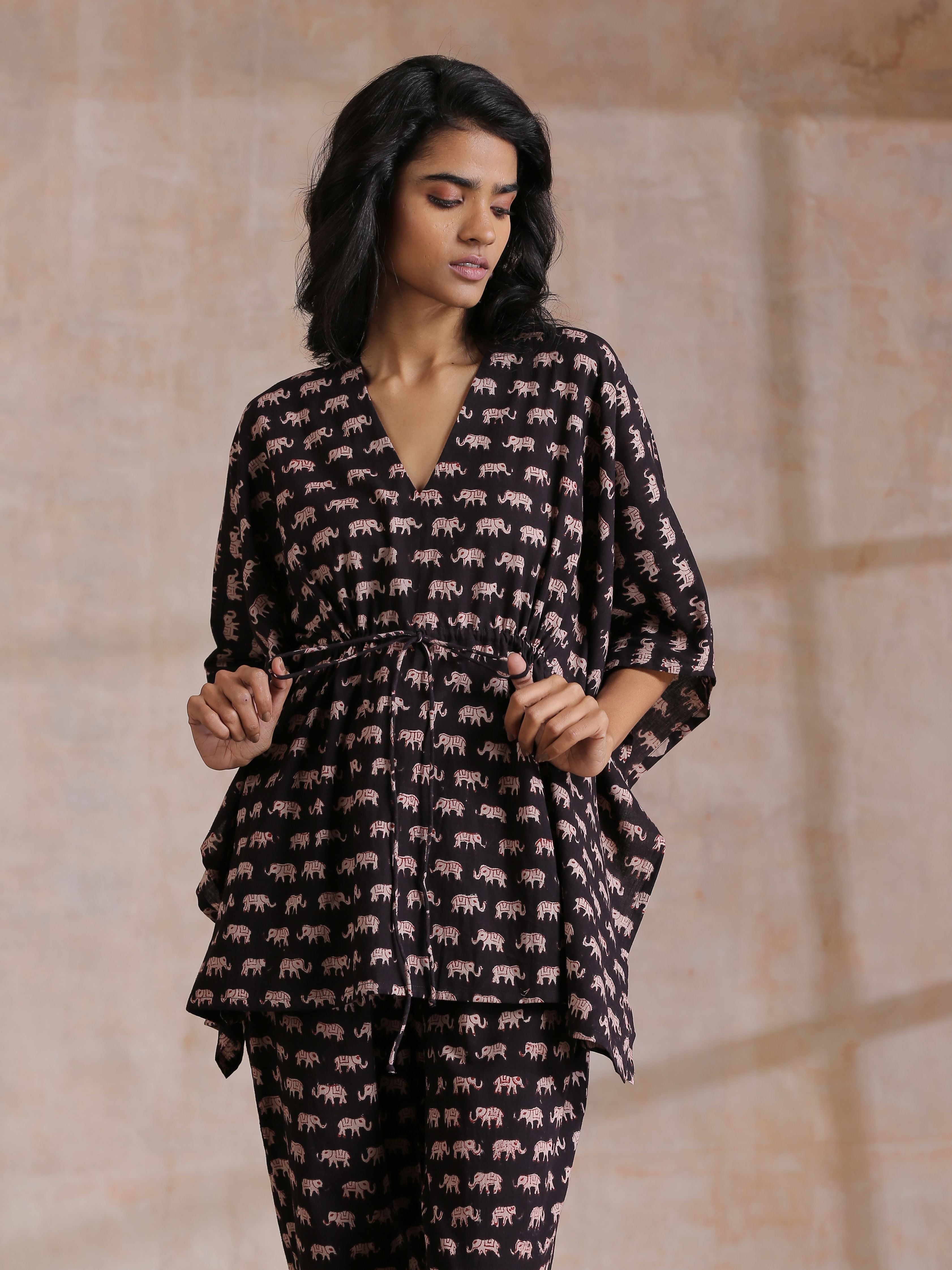 trueBrowns Black Elephant Bagru Print Cotton Kaftan Co-Ord Set - Distacart