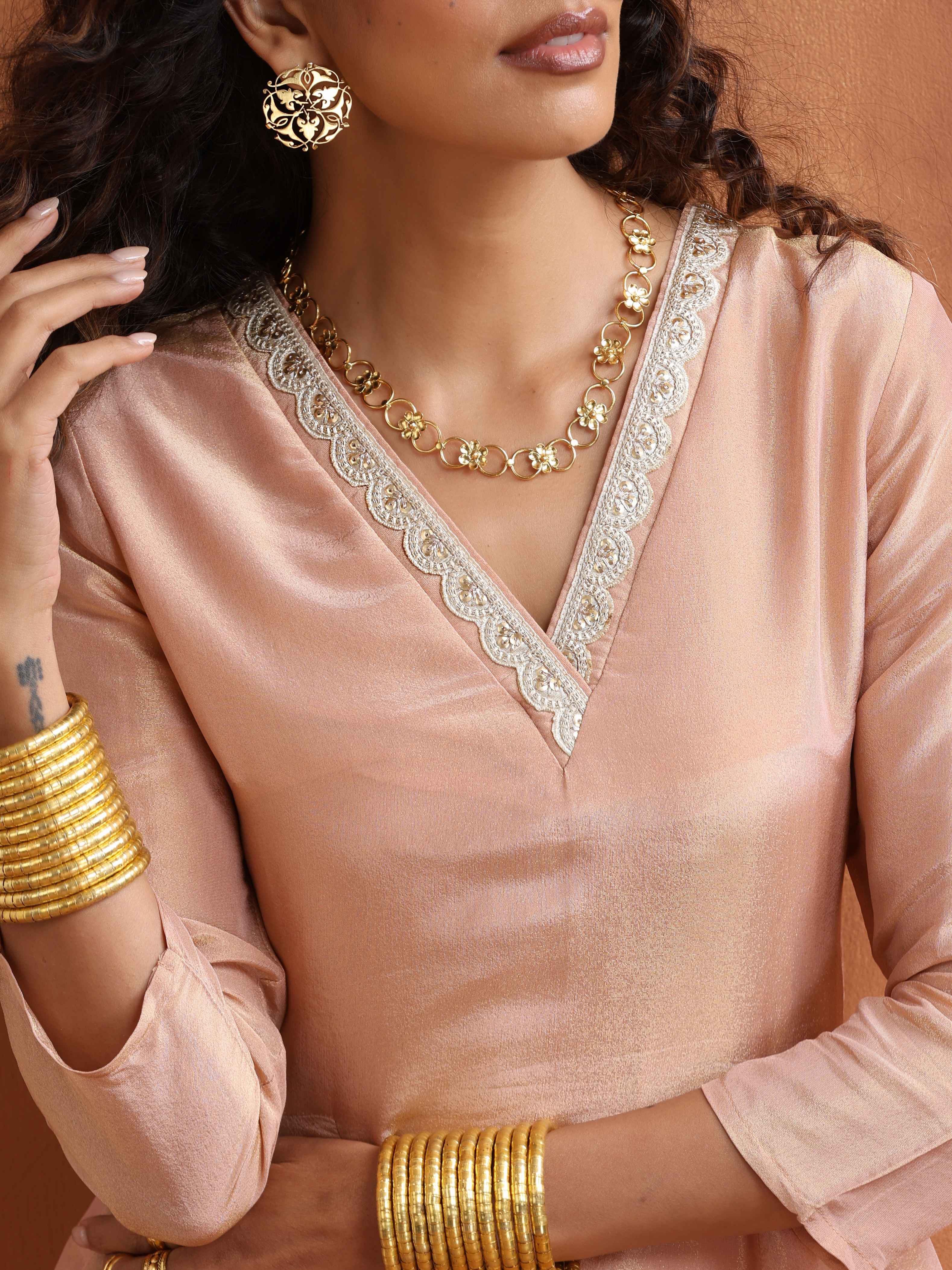 trueBrowns Blush Pink Tissue Flared Anarkali Kurta Set - Distacart