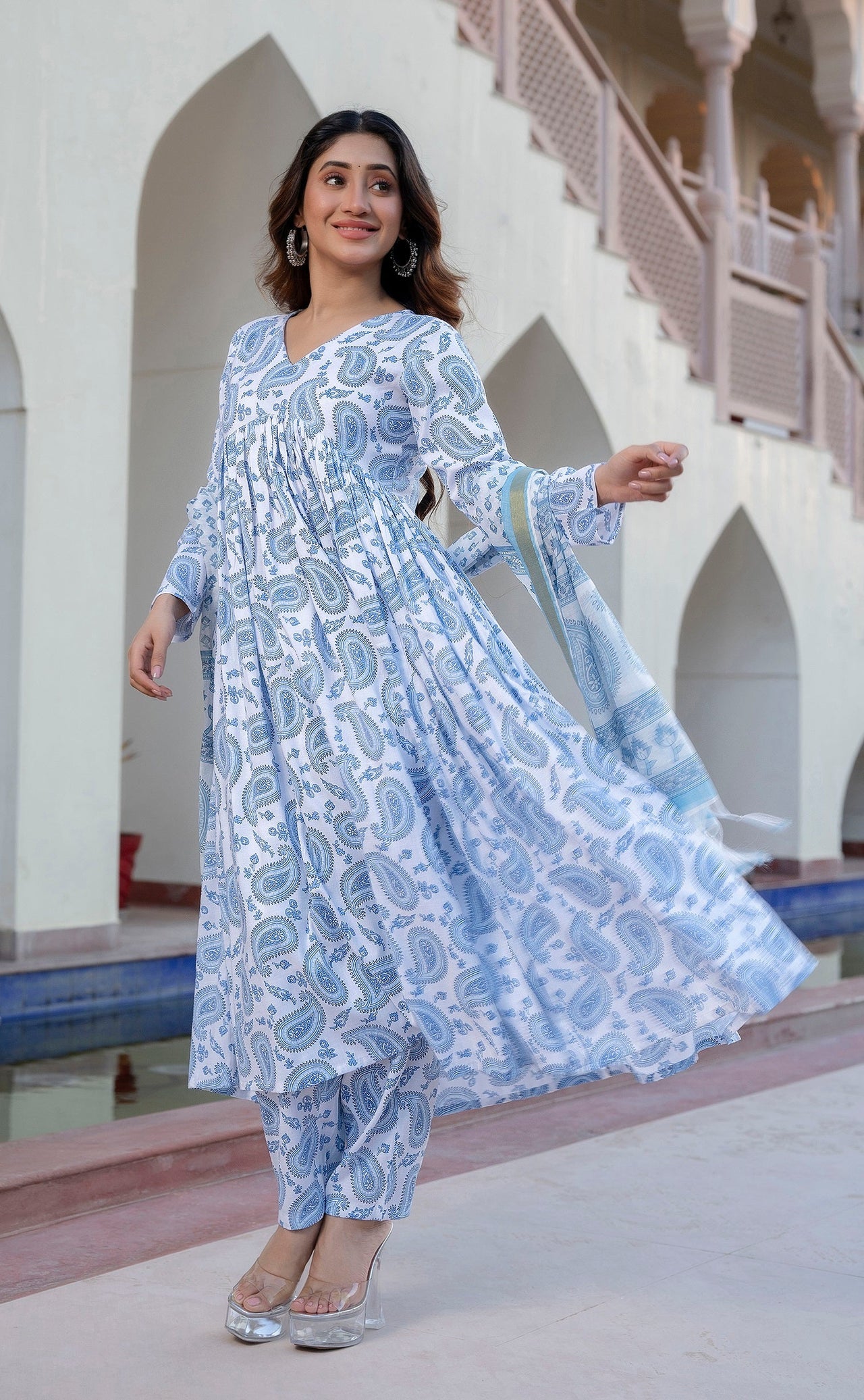 NOZ2TOZ Women Sky Blue Printed Viscose Rayon Kurta, Pant And Dupatta Set