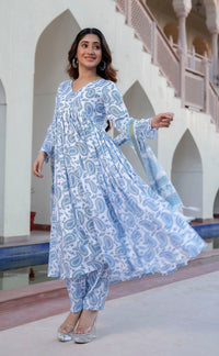 Thumbnail for NOZ2TOZ Women Sky Blue Printed Viscose Rayon Kurta, Pant And Dupatta Set
