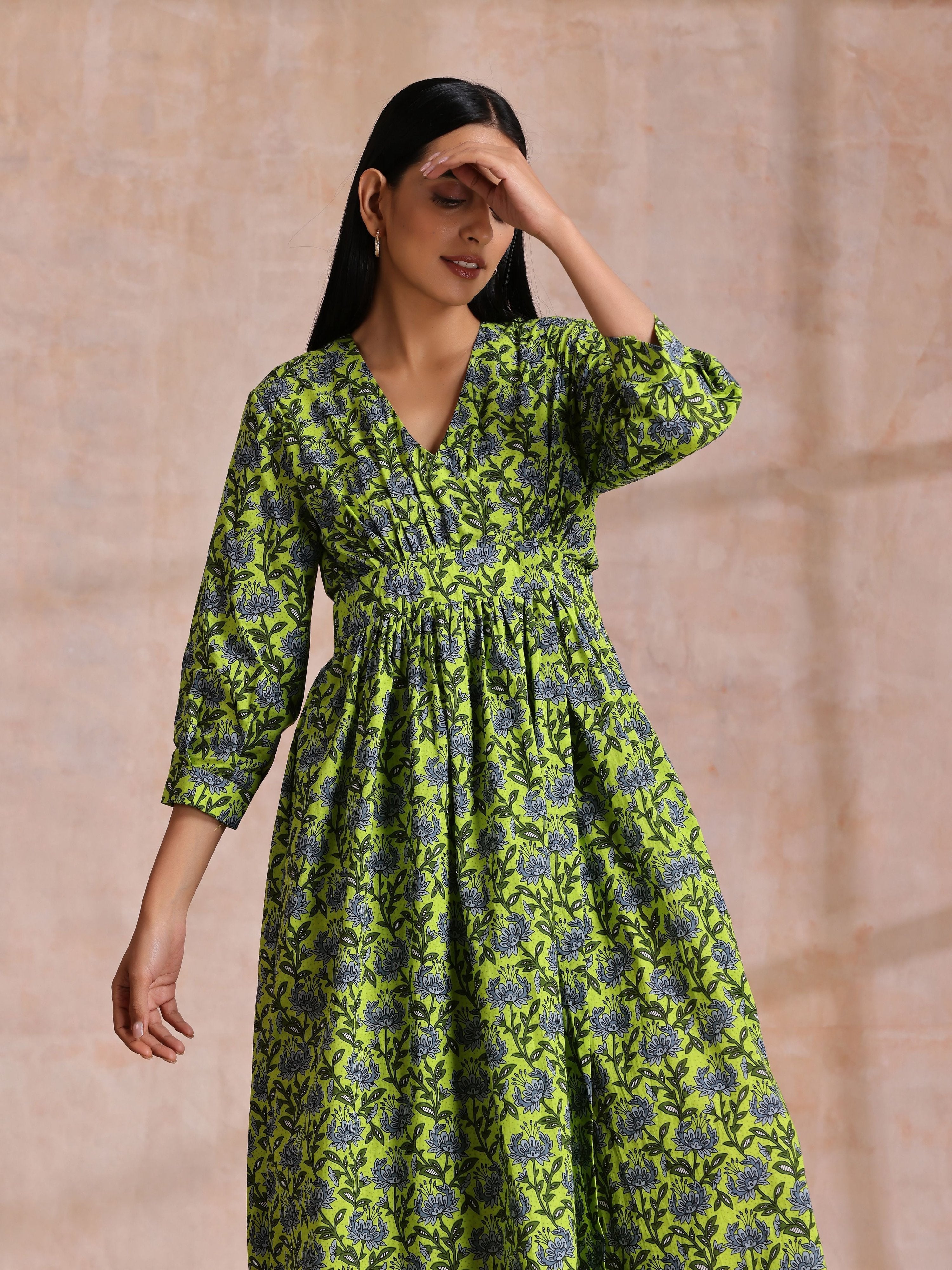 trueBrowns Lime Green Overall Blue Floral Block Print Cotton Wrap Dress - Distacart