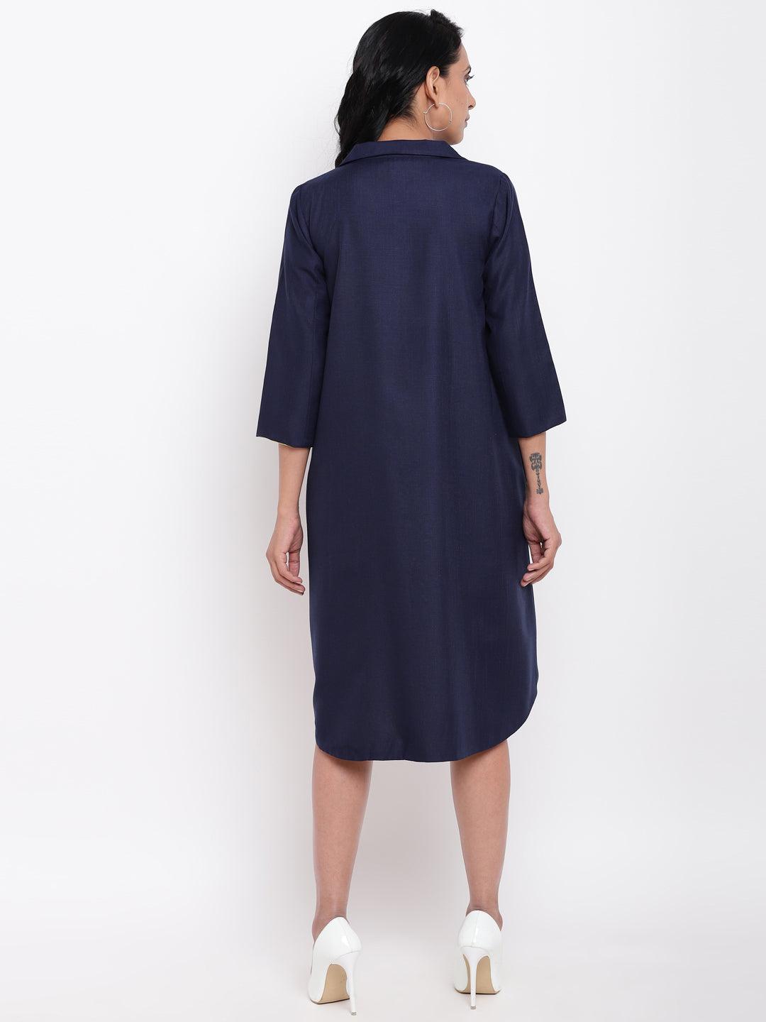 trueBrowns Linen Cotton Blue Collared Dress - Distacart