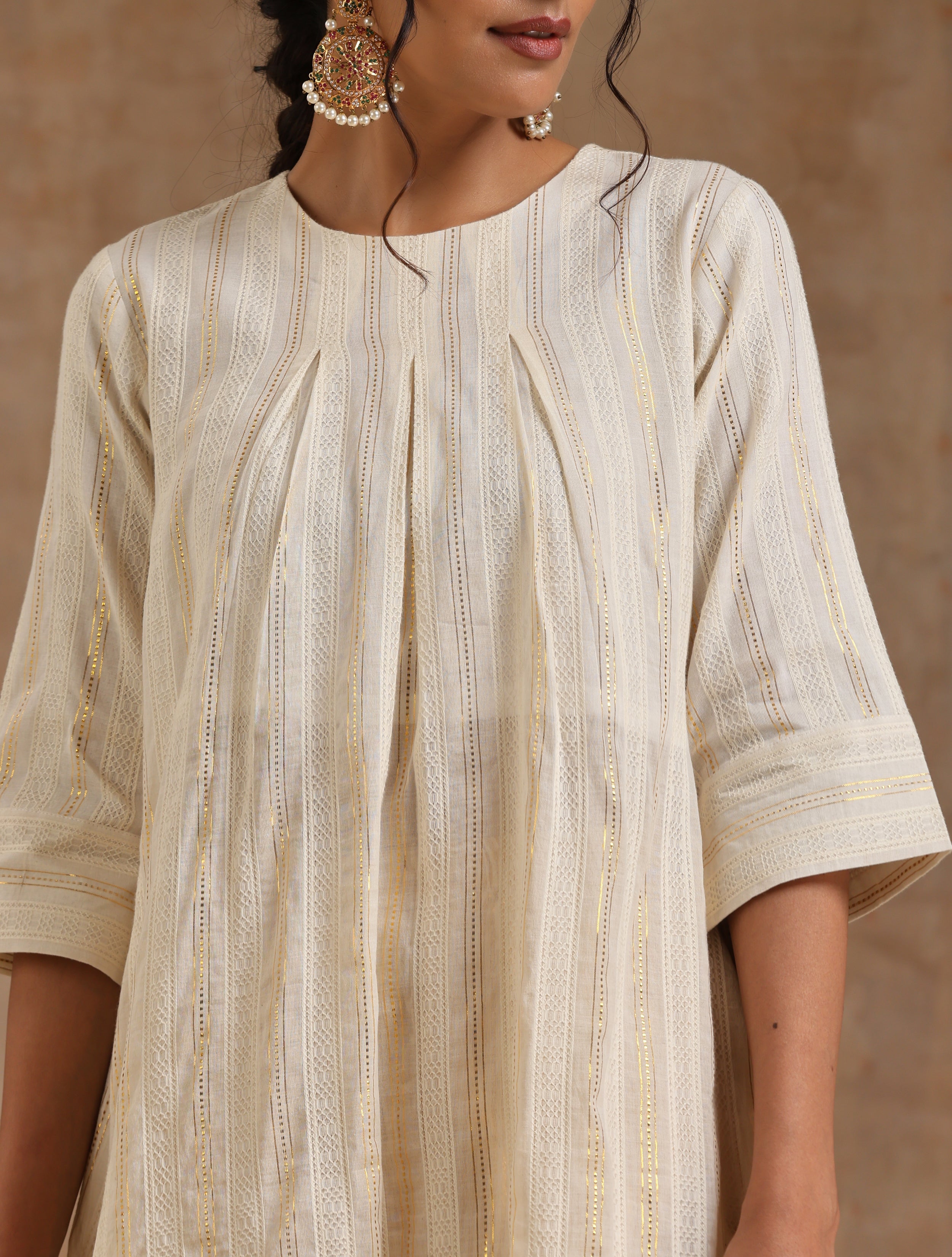 trueBrowns Ivory Gold Cotton Neck Pleat Kurta Set - Distacart