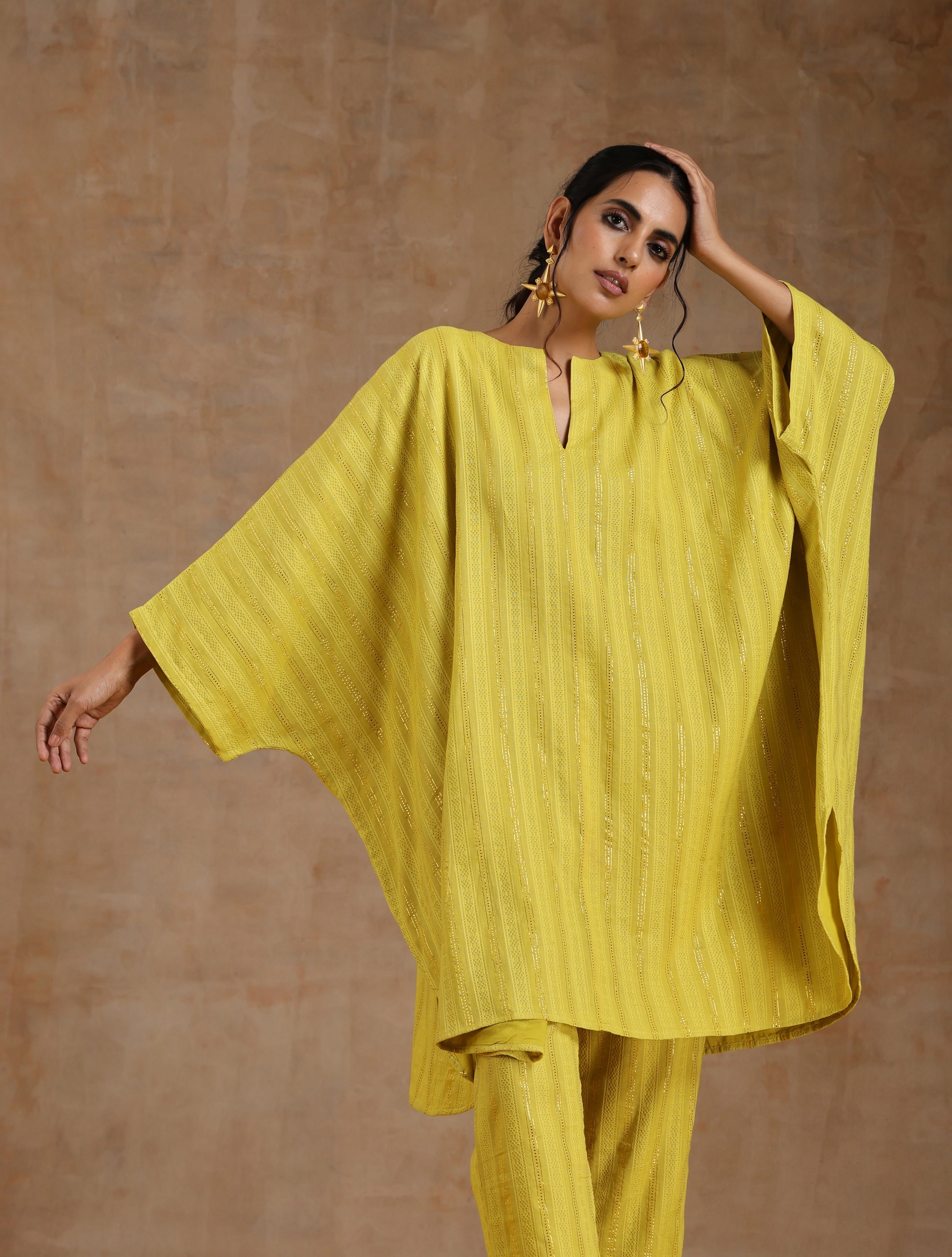 trueBrowns Lime Gold Cotton Oversized Round Co-Ord Set - Distacart