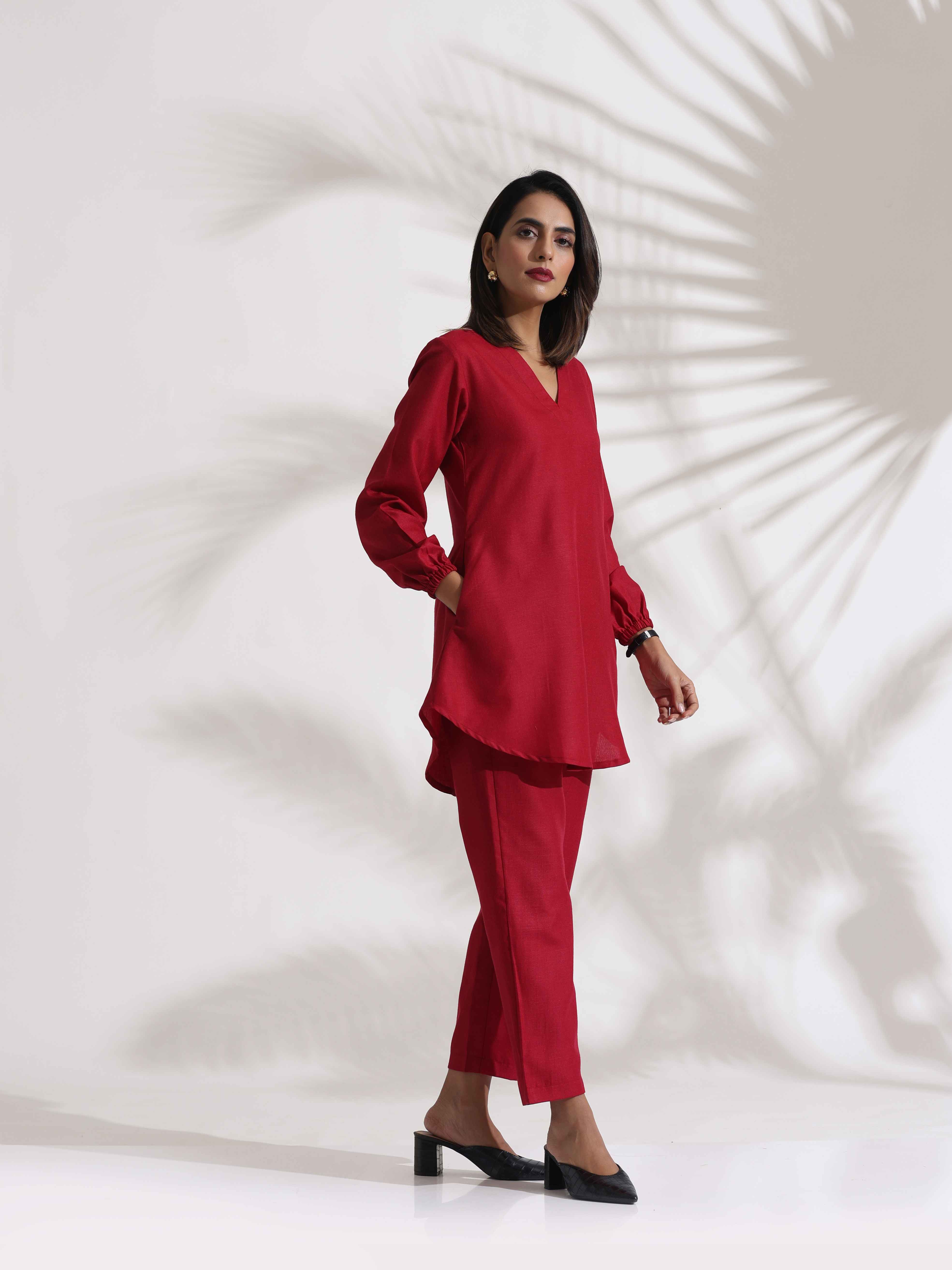 trueBrowns Maroon Slub Co-ord Set - Distacart