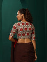 Thumbnail for trueBrowns Ivory Red Circle Floral Muslin Silk Printed Deep V-Neck Blouse - Distacart