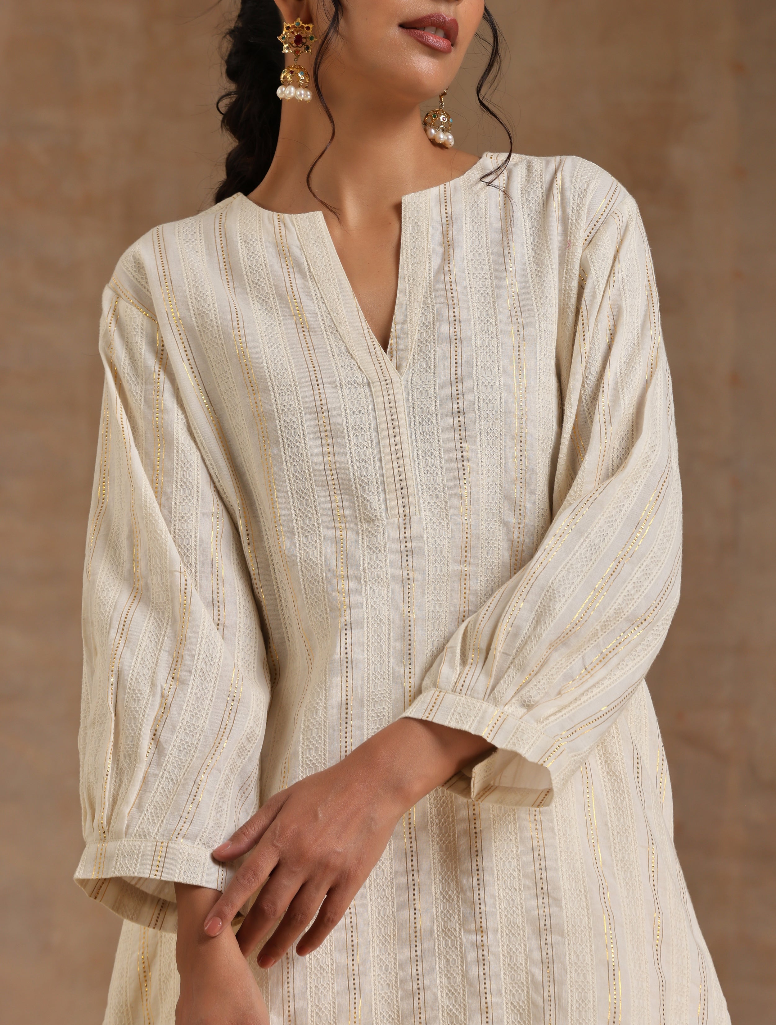 trueBrowns Ivory Gold Cotton Relaxed Co-Ord Set - Distacart