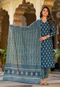 Thumbnail for NOZ2TOZ Women Blue Printed Viscose Rayon Kurta, Pant And Dupatta Set