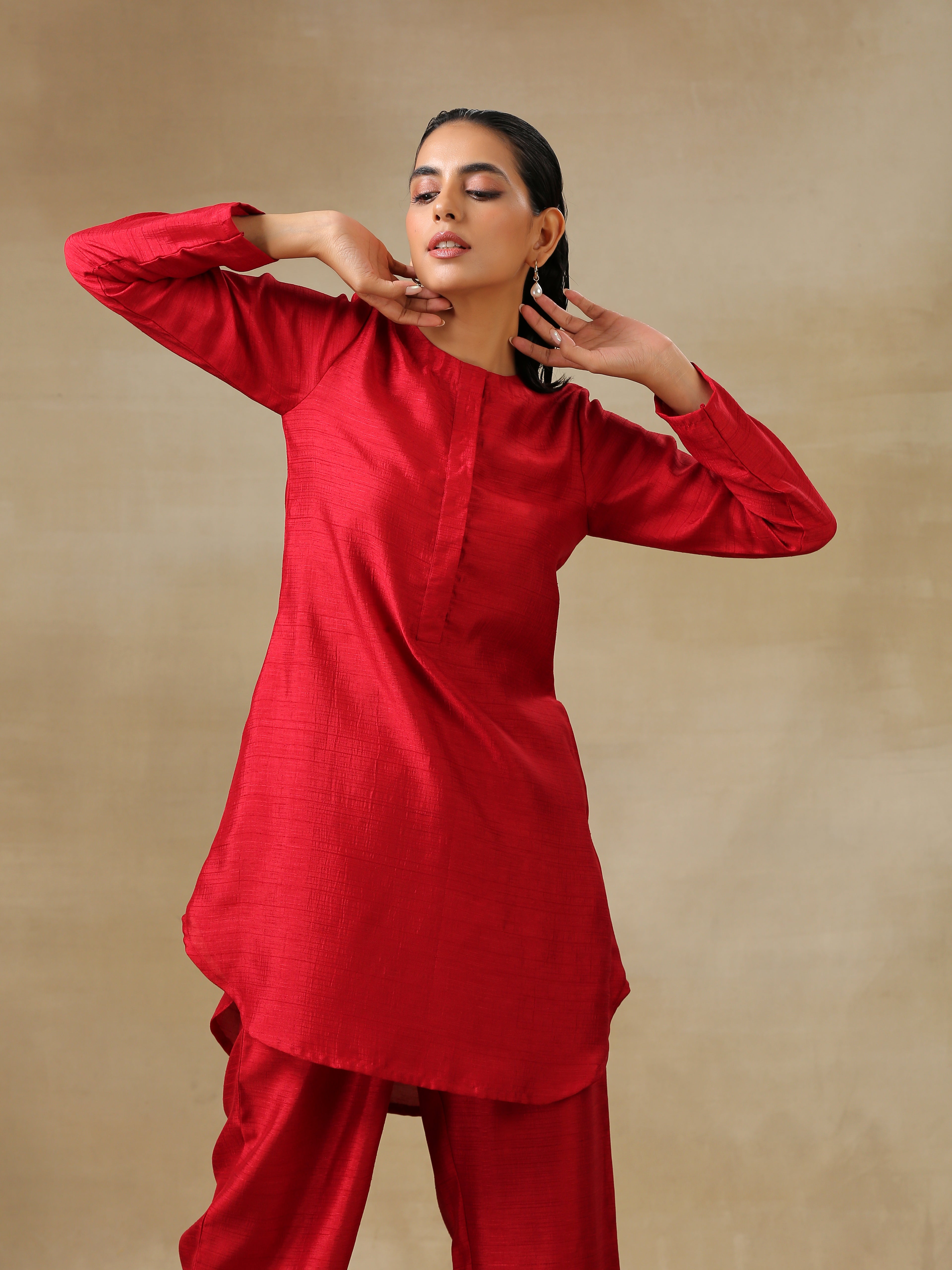 trueBrowns Maroon Textured Silk Front Placket Co-Ord Set - Distacart