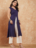 Thumbnail for InWeave Royal Blue Lurex V-Neck W/S Front Slit Kurta Pant Set - Distacart