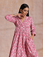 Thumbnail for trueBrowns Pink Overall Floral Block Print Cotton Wrap Dress - Distacart