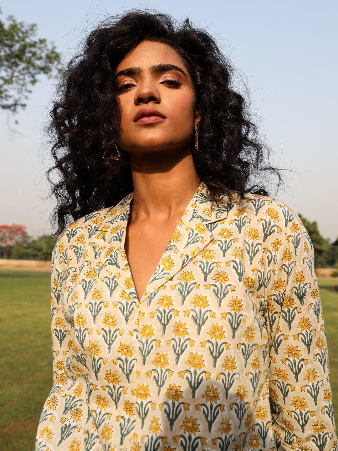 trueBrowns Light Sage Cotton Block Print Lapel Shirt Co-Ord Set - Distacart