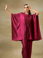 Thumbnail for trueBrowns Purple Textured Silk Gathered Kaftan Co-Ord Set - Distacart
