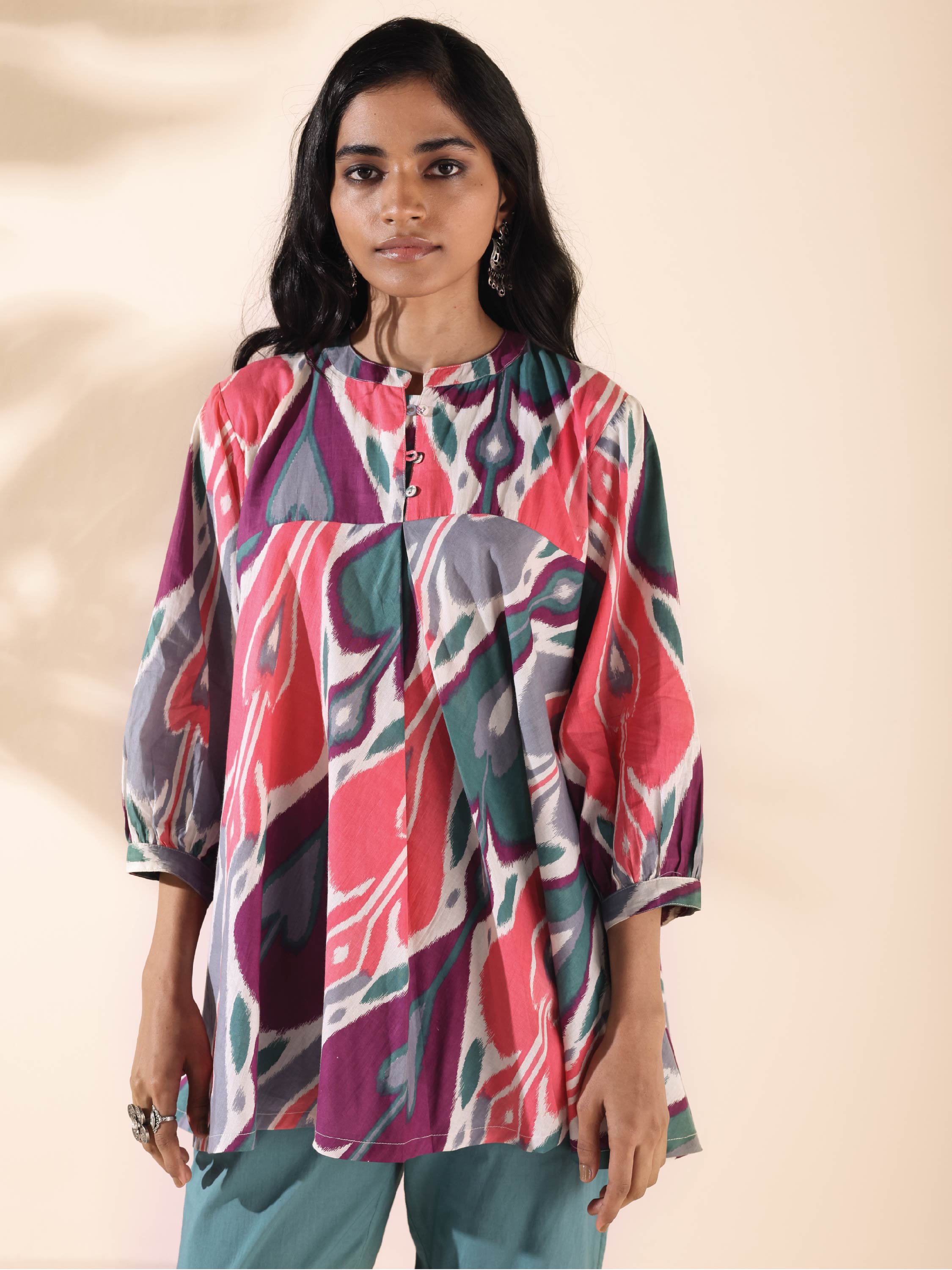 trueBrowns Green Cotton Ikat Flared Co-ord Set - Distacart