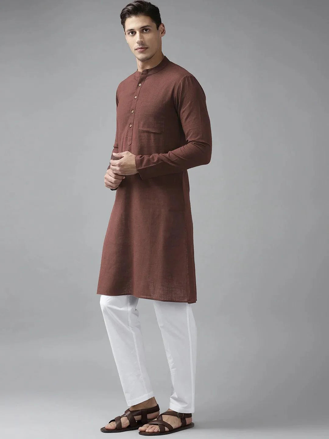 Fabmade Men Brown Cotton Linen Kurta Pyjama - Distacart