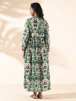 Thumbnail for trueBrowns Green Cotton Ikat Flared Dress - Distacart