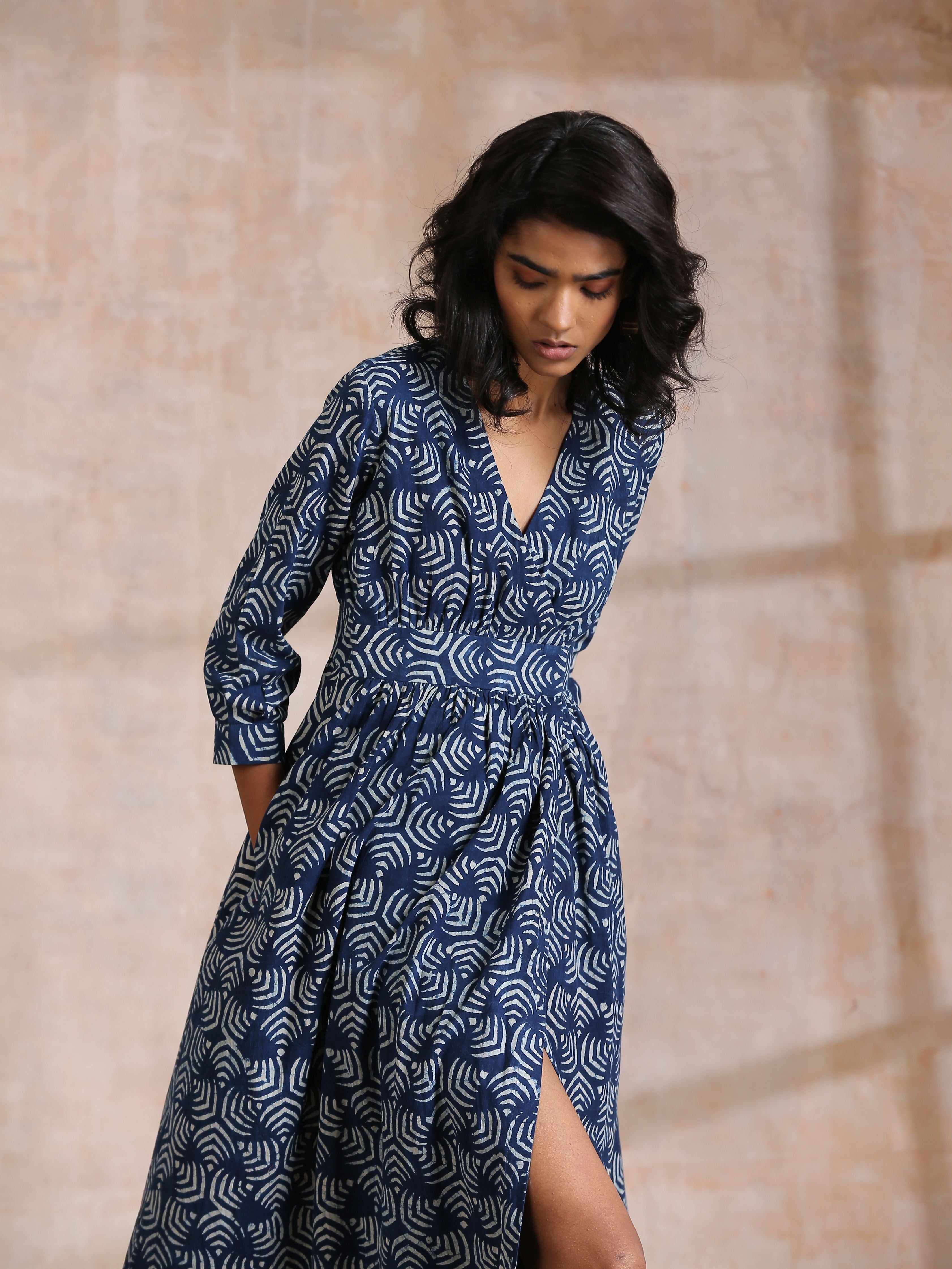 trueBrowns Indigo Dabu Overall Print Cotton Wrap Dress - Distacart