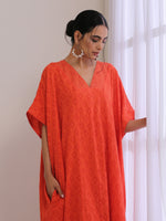Thumbnail for trueBrowns Orange Dobby Panel Kaftan Dress - Distacart