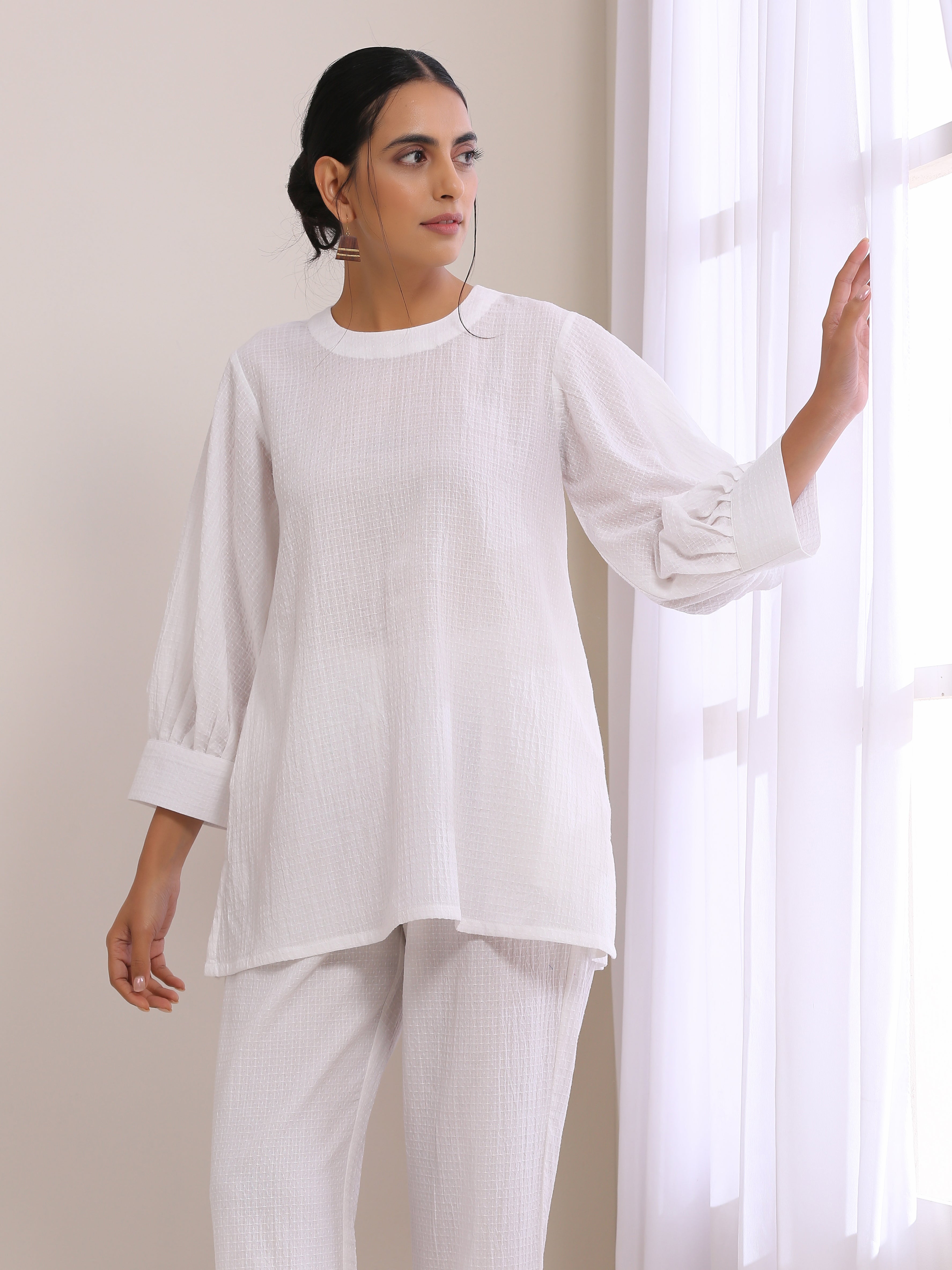 trueBrowns White Dobby Baggy Sleeve Co-Ord Set - Distacart