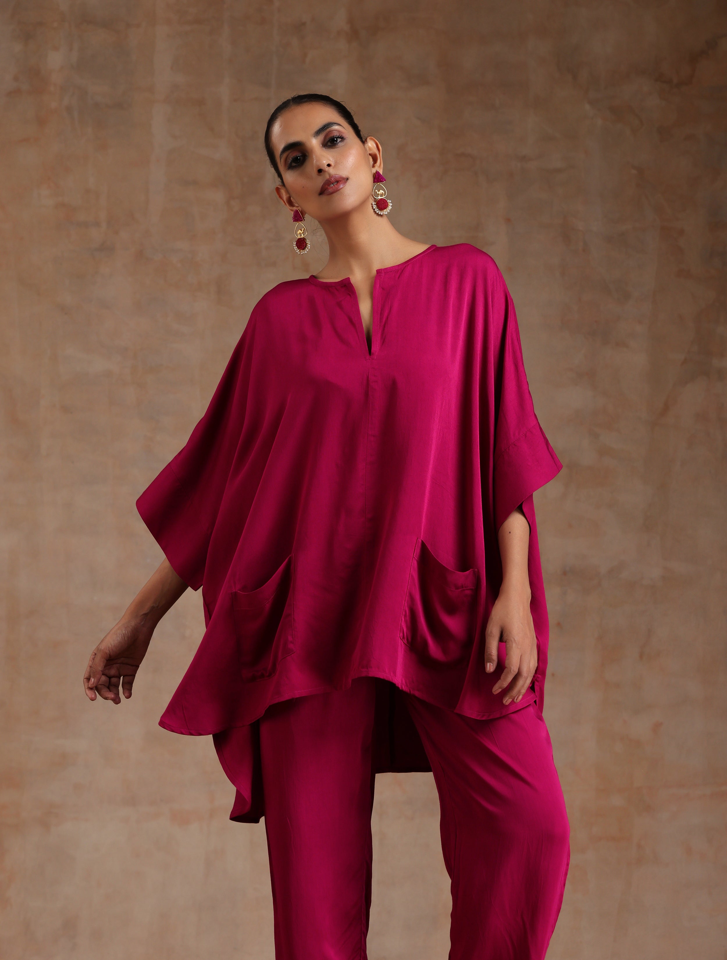 trueBrowns Pink Modal Satin Boxy Fit High-Low Co-Ord Set - Distacart