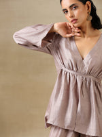 Thumbnail for trueBrowns Grey Textured Silk Deep V-Neck Co-Ord Set - Distacart