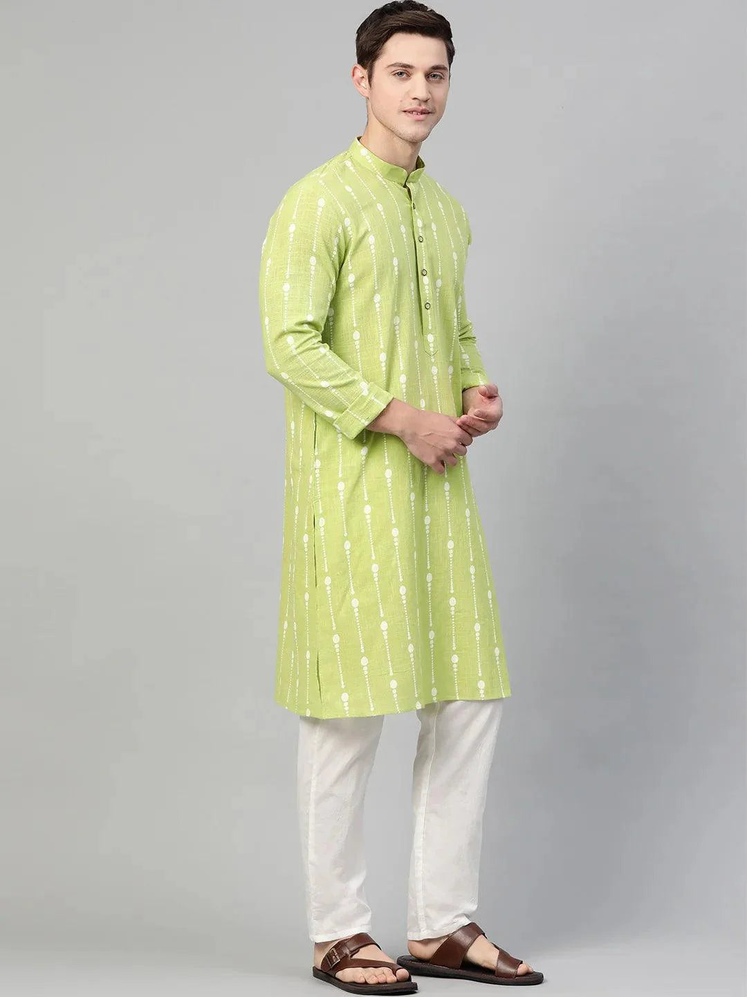 Fabmade Lime Green And White Printed Straight Kurta Pyjama - Distacart