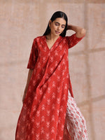 Thumbnail for trueBrowns Red On Red Ikat Print Cotton Kurta Pant Set - Distacart