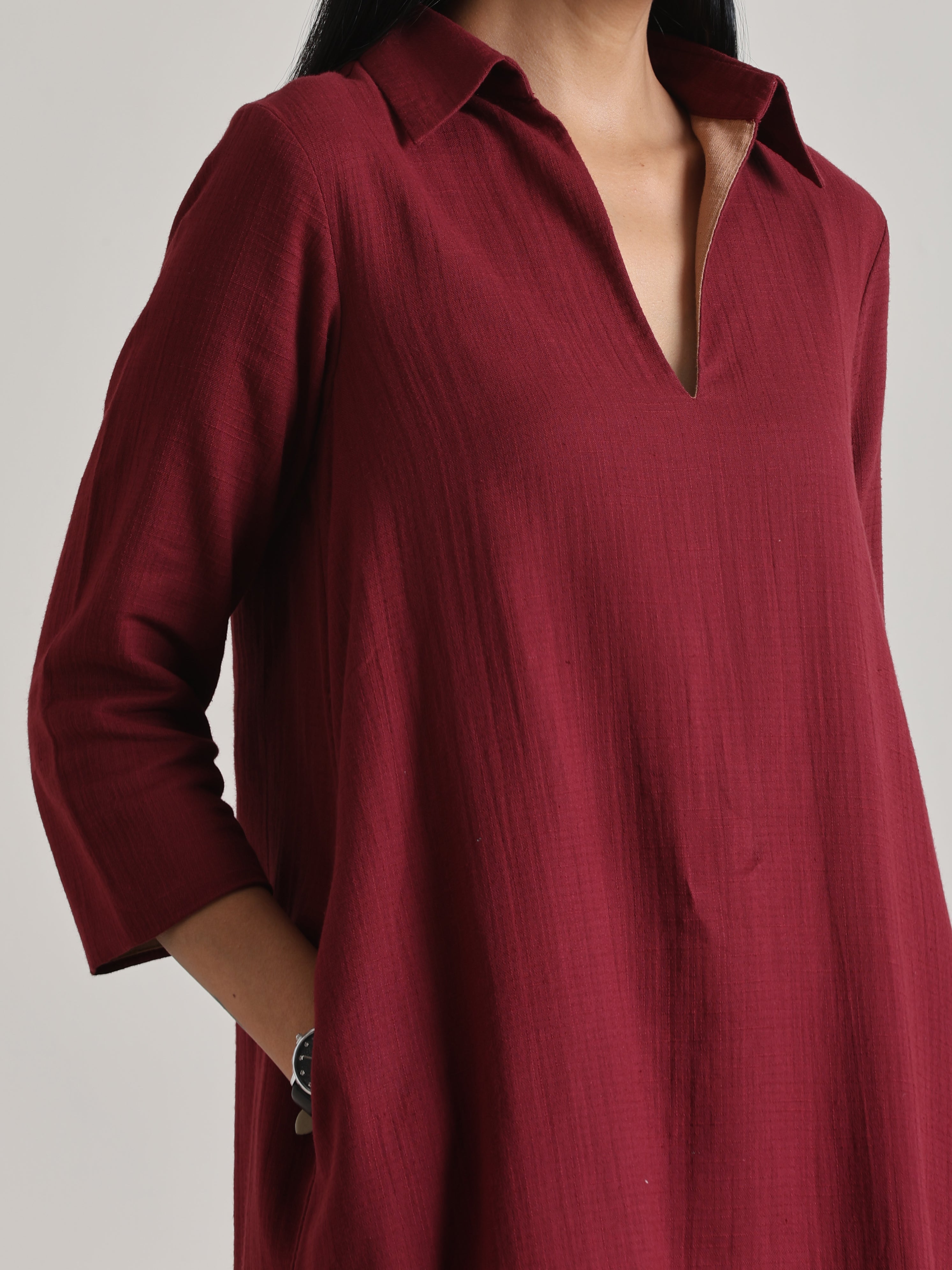 trueBrowns Maroon Short Collared Dress - Distacart