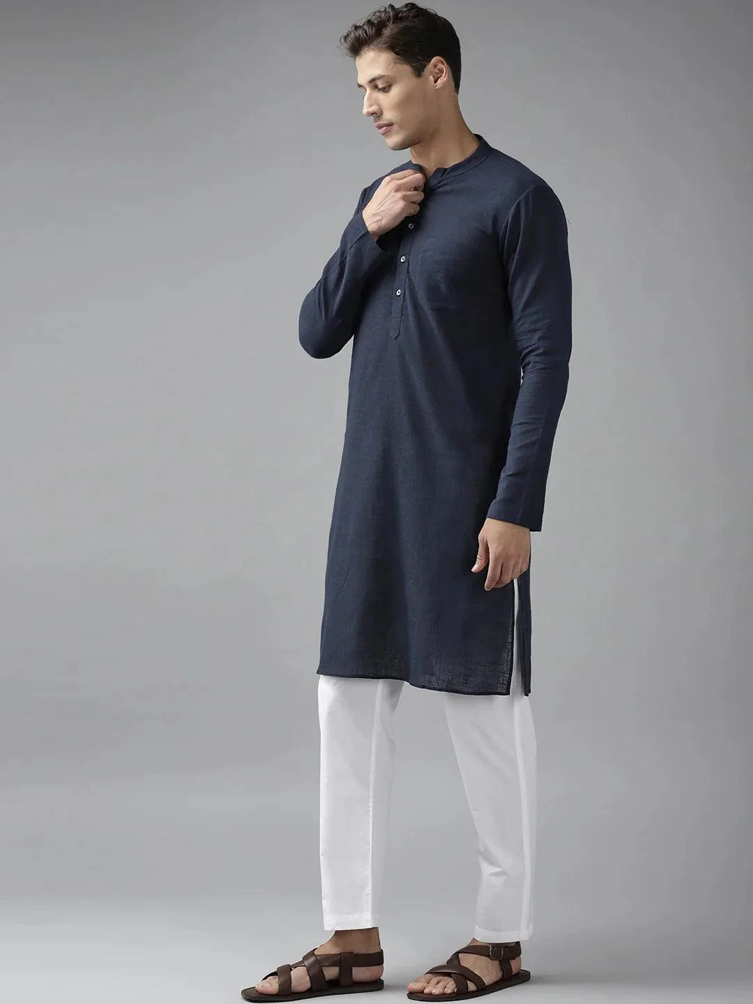 Fabmade Men Navy Blue Cotton Linen Kurta Pyjama - Distacart